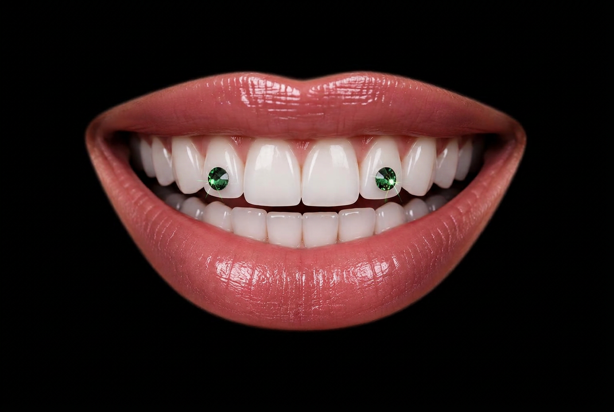 Deep green crystals placed on the front teeth