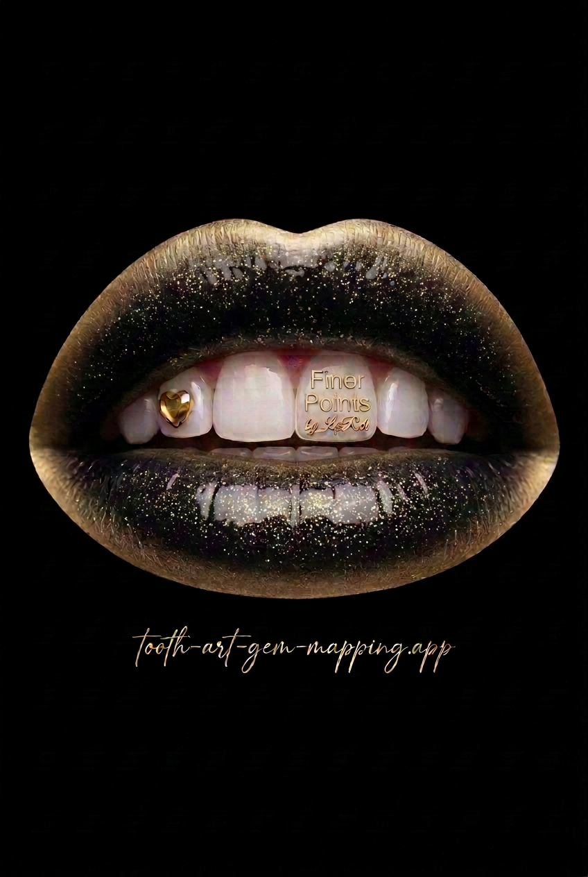 Finer Points by LaReh — glossy lips with blended gold liner, a gold heart tooth gem and the studio address